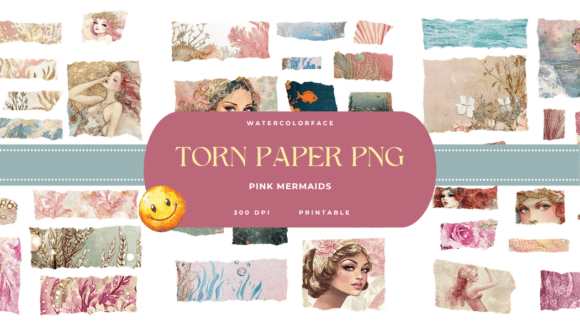 Download 1920's Pink Mermaids Torn Paper Ephemera - Mermaids Collection